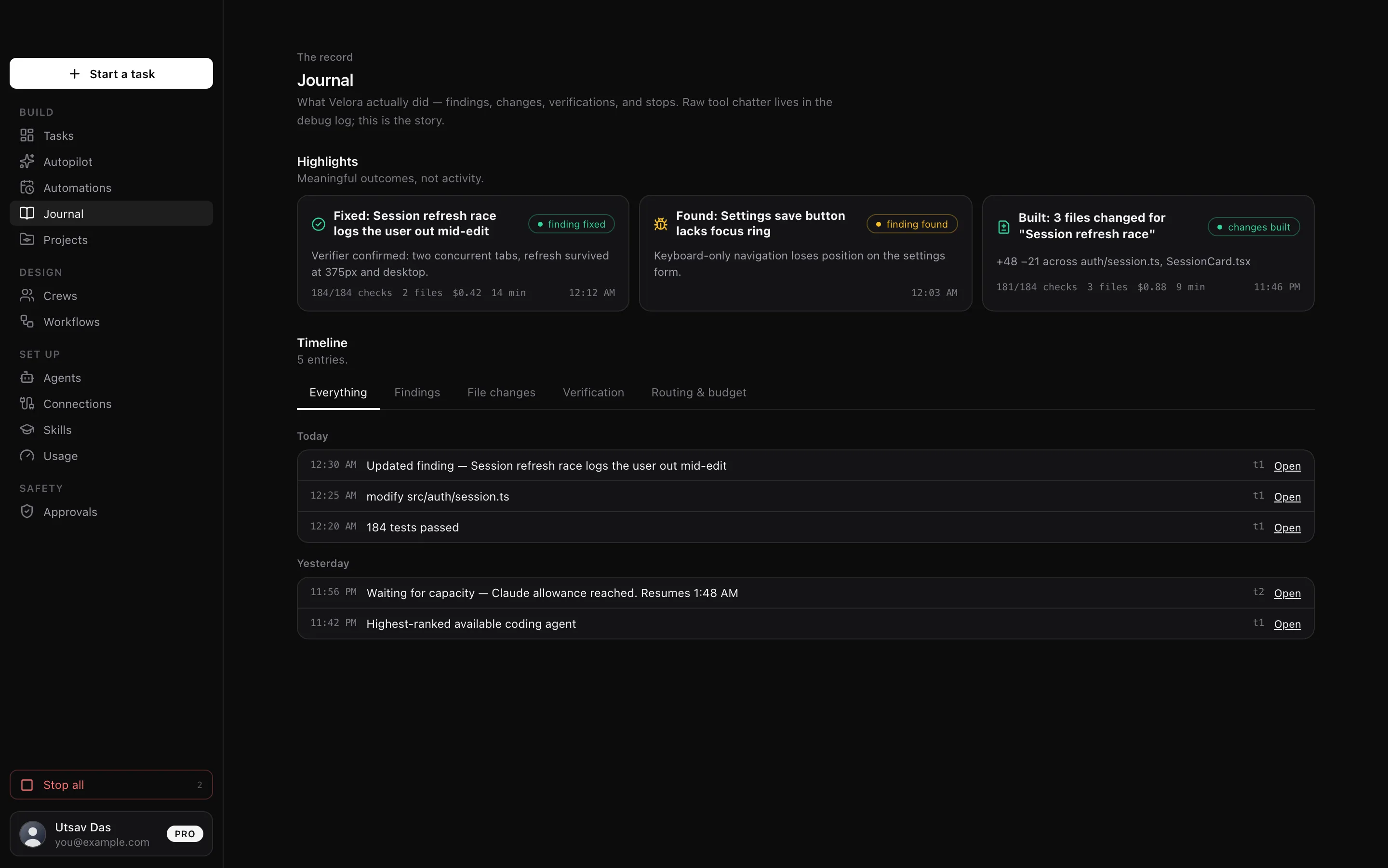 The Velora journal: what each run actually did, with the findings it opened and the verifications that passed.